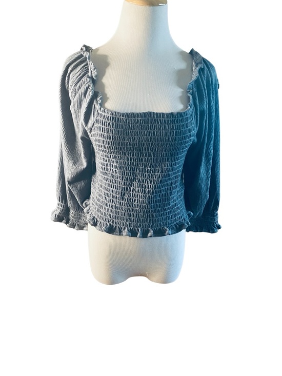 Free People Smocked Crop Top Blue Gray Long Sleeve Boho Size Large - Picture 2 of 9